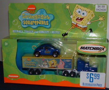 Just out in early 2003, this toy was sold in Blockbuster Video stores in the US.  I'm not sure what the connection is between Blockbuster and Nickleodeon, and why SpongeBob would have a New Beetle.